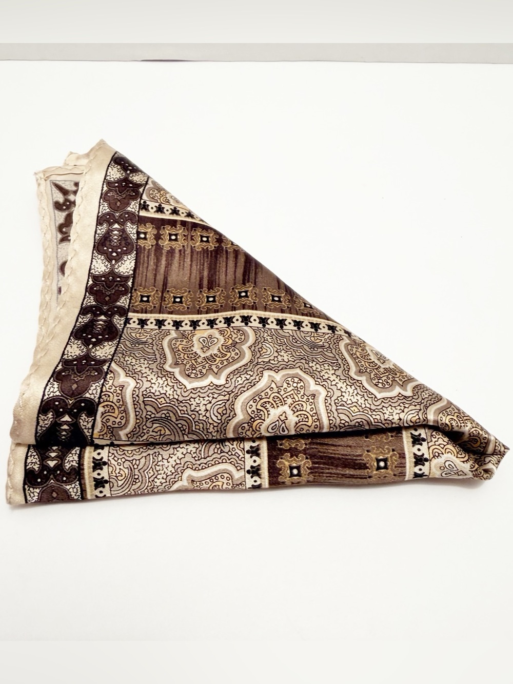 100% Silk Bespoke Men’s Vintage Pocket Square-Biege, Brown, Yellow, and Black